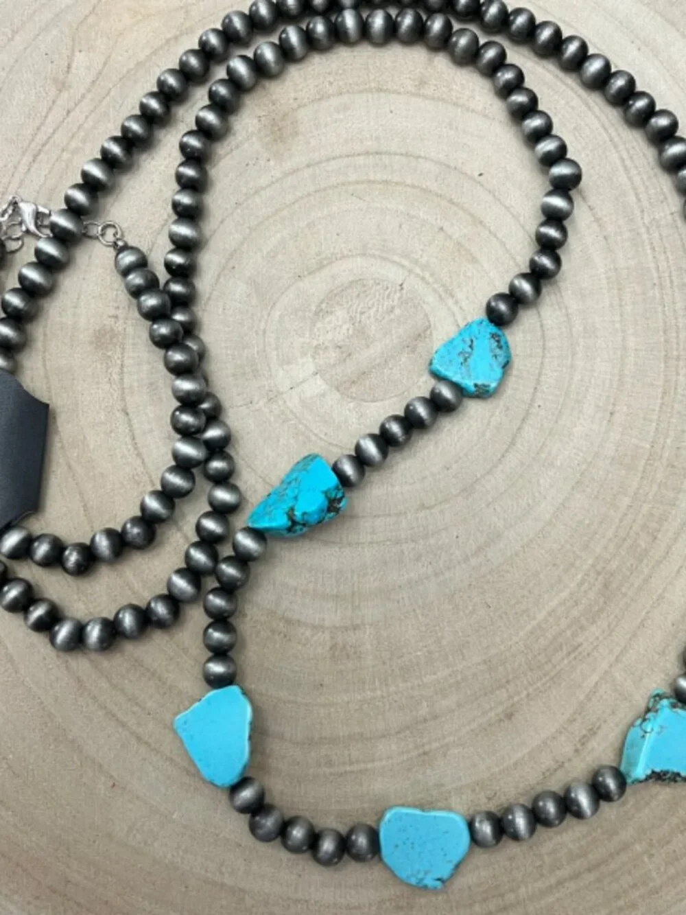Western Long Faux Turquoise Nugget & Sterling Pearl Statement Necklace — 46 Inch